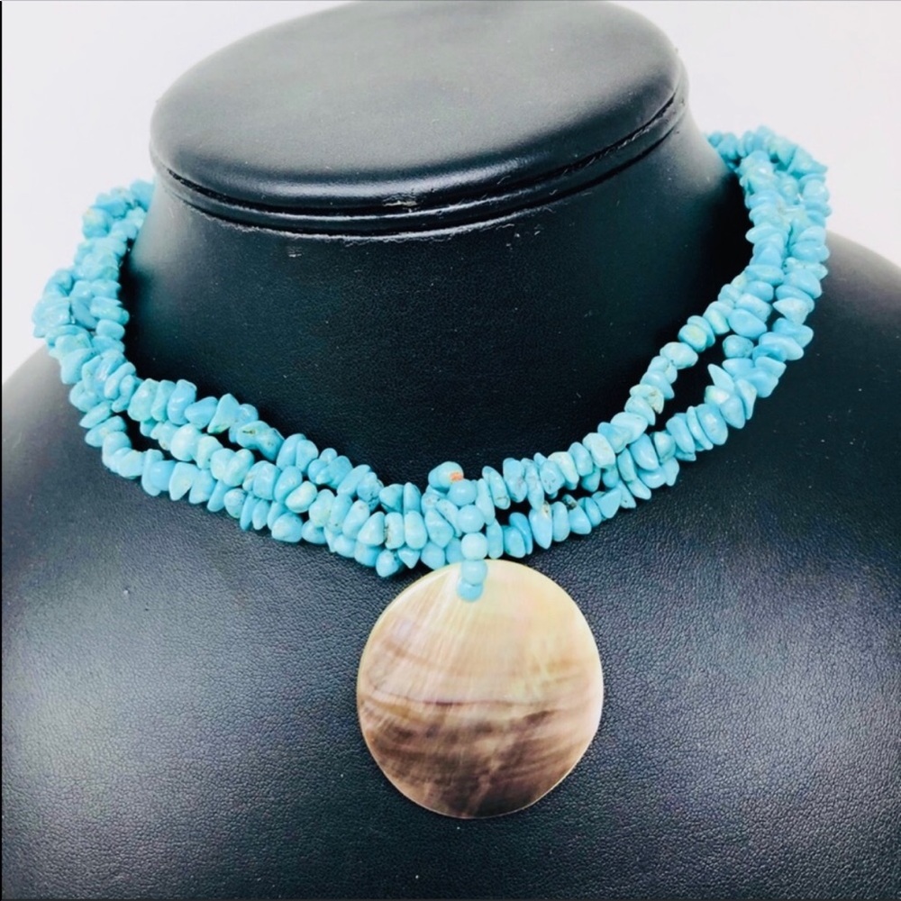 Turquoise twist necklace w abalone pendant, 62.1.g